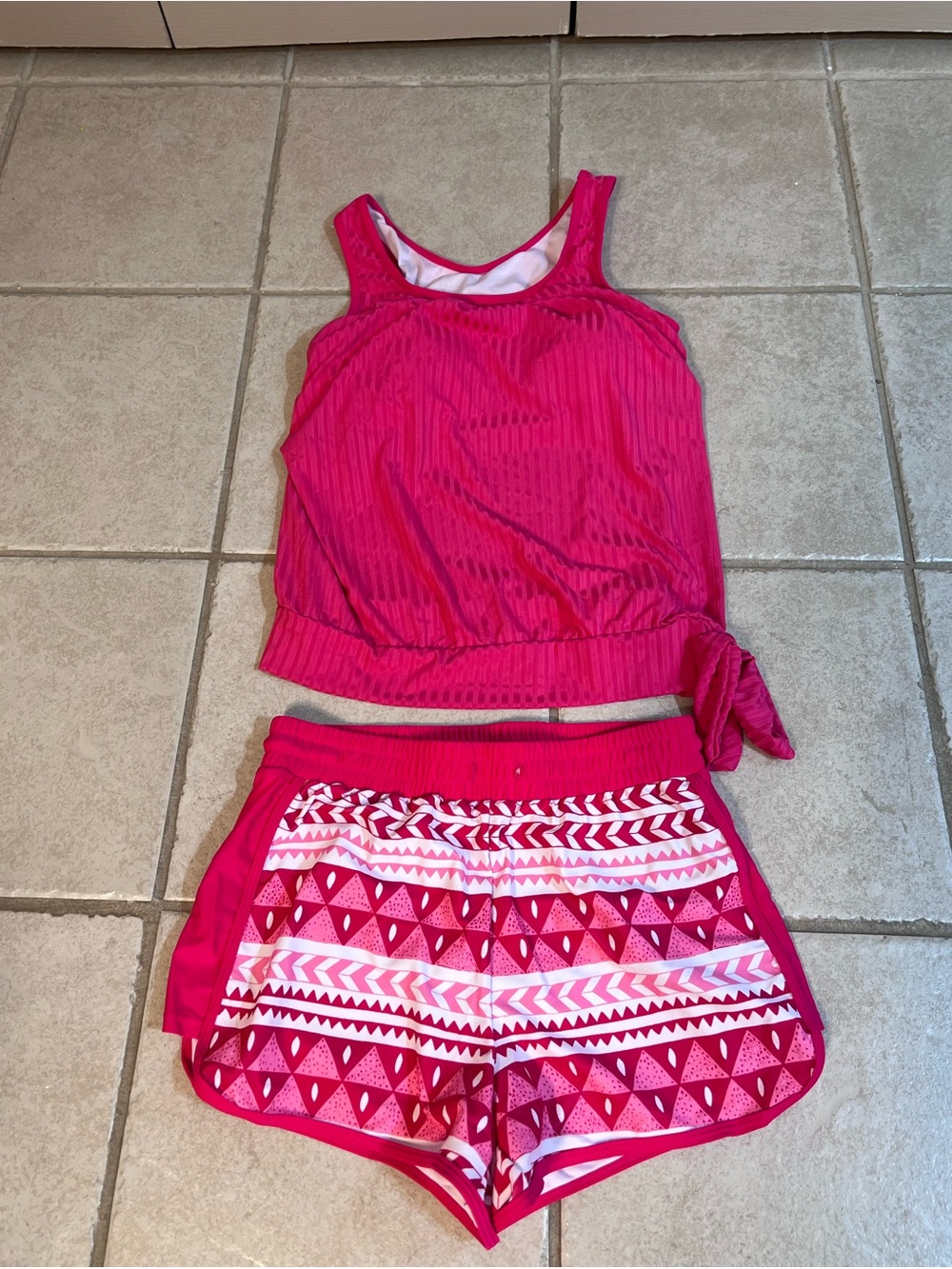 Hot Pink Two-Piece Tankini Set with Patterned Shorts